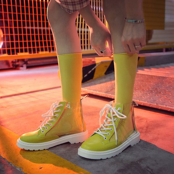 

2019 spring women transparent boots cross-tied round toe solid clear chunky heels fashion students girls shoes mujer women boots, Black