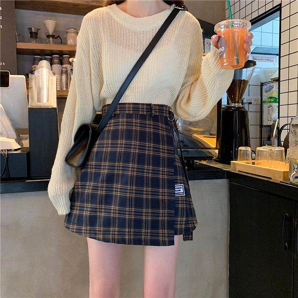 

korean irregular lady skirt female high waist vintage tartan a-line mini skirt casual black short skirts womens autumn