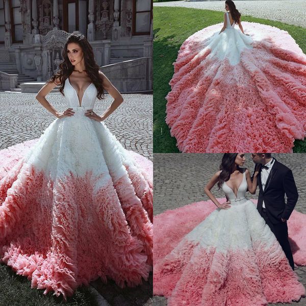 

gorgeous a line wedding dresses deep v neck sleeveless sash ruffles tulle plus size wedding dress sweep train robes de mariÃ©e, White