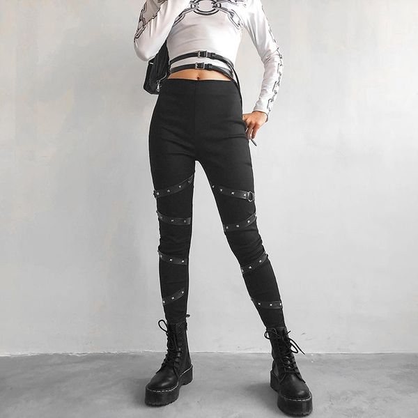 

push up black gothic leggings women ribbon with rivet patchwork leggins mujer streetwear high waist punk legging pants, Black;white