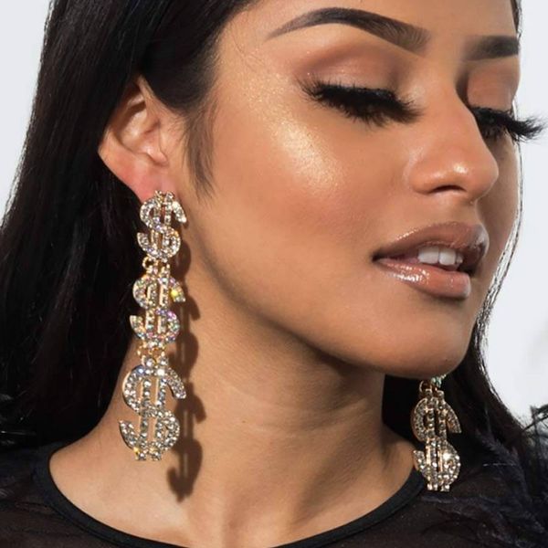 

rhinestone dollar money earrings drops for women shiny crystal dangle earrings silver jewelry accessories gift