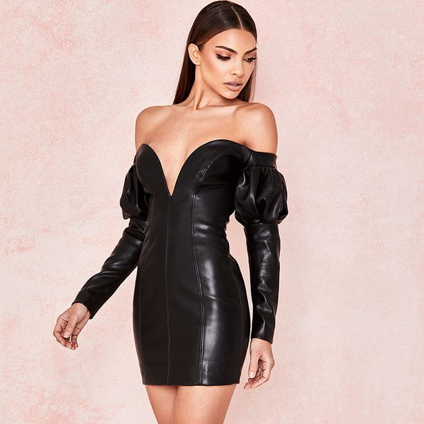 

ночной клуб платье pu кожа назад застежка-молния юбка юбка грудь v сексуальный мешок бедра платье, White;black