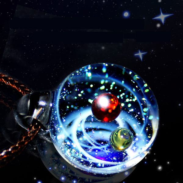 

nebula galaxy double sided pendant necklace glass art picture handmade statement universe planet jewelry necklace for women, Silver