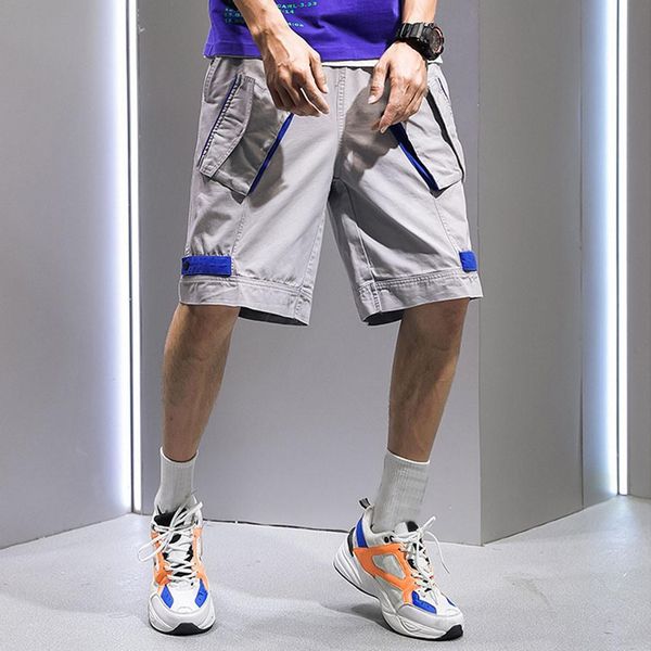 

men's stitching overalls men's summer sport pure color button casual loose sweatpants drawstring short pants salopette homme, White;black