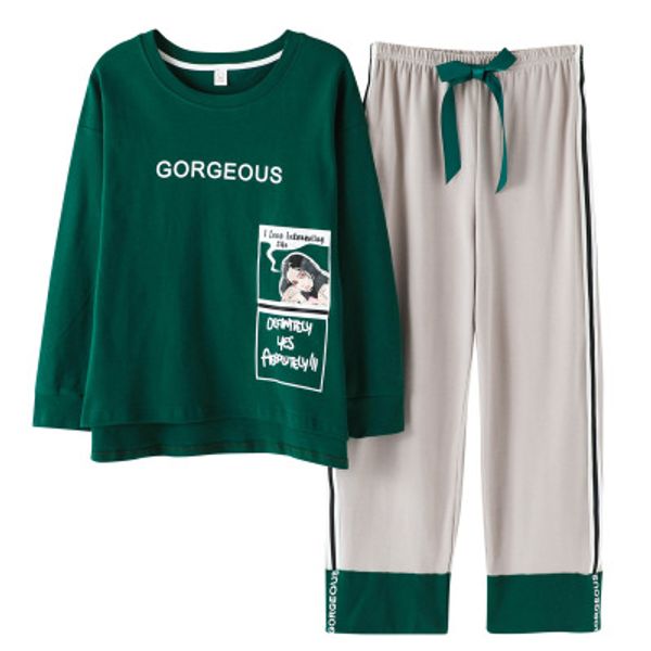 

2019 spring new cotton printing lapel + long pant 2 piece sets pajamas set for women cute sleepwear girls pyjama, Blue;gray