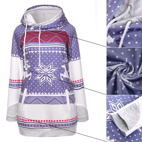 

women pullover hoodie sweatershirt christmas snowflake deer printing hooded sweater, Black