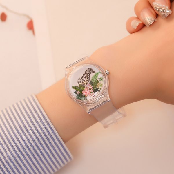 

watch transparent clock silicone watches women sport quartz wristwatches novelty crystal ladies watch cartoon &ff, Slivery;brown
