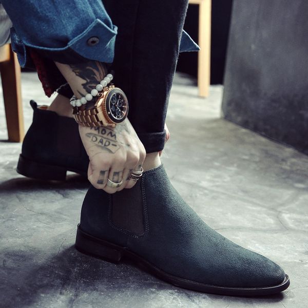

boots flock fashion pointed toe ankle men slip-on low vintage motorcycle solid spring autumm british style shoes, Black