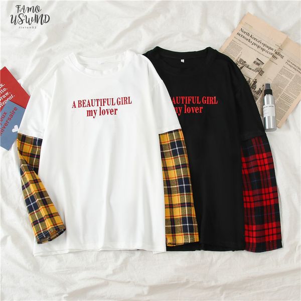 

women letters print t shirt harajuku kawaii ulzzang streetwear long haut false 2 pieces plaid sleeve friends t shirt femme, White