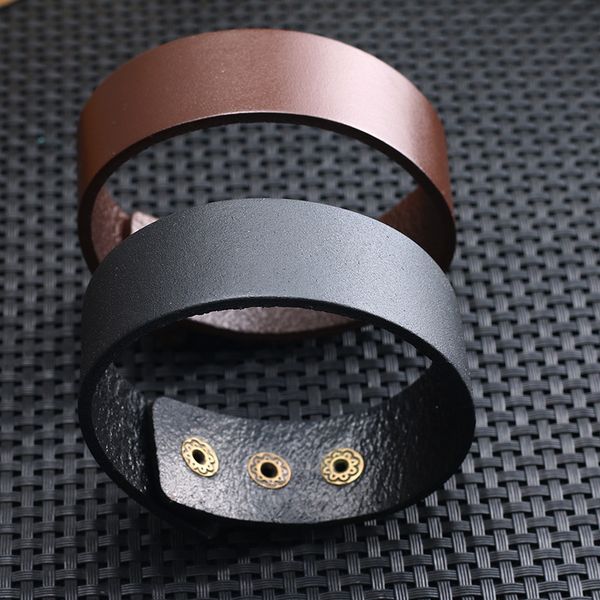 

cool mens adjustable wide black brown leather bracelet with buttons, Golden;silver