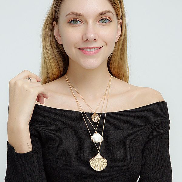 

srcoi multi layer conch metal shells pendant necklace 2019 boho summer sea beach shell pendant necklace for women party jewelry, Silver