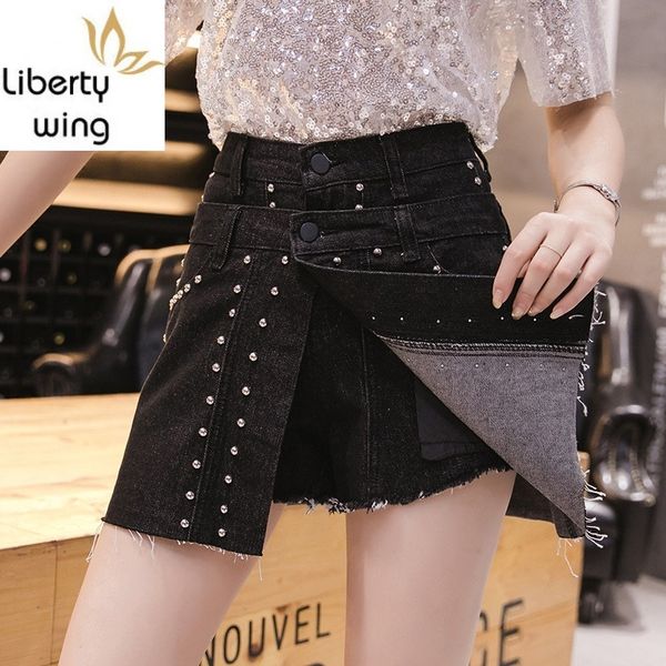 

high waist fake piece embroidered flares rivet cowgirl skirts new brand fashion thin slim button womens flare shorts, Blue