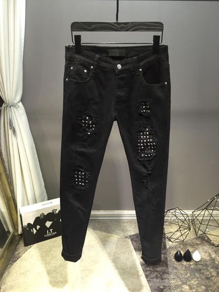 

new style 18ssam famous brand men's washed design casual slim summer lightweight denim stretch denim skinny jeans pants rivet hole desi, Blue
