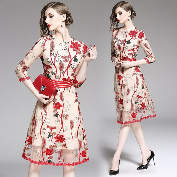 

spring and autumn new women's 3/4 sleeves round neck lace mesh embroidery flowers party dress, White;black
