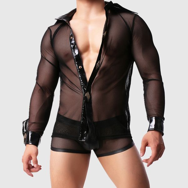 

transparent mesh undershirt men bodysuit singlets see through shirts erotic boxers gay costumes night club performance suit, Black;brown