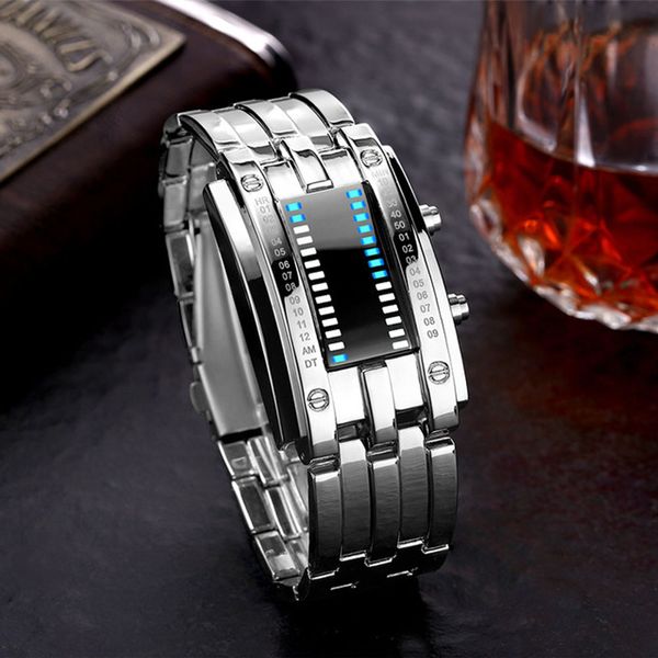 

2020 fashion couple watch led double line binary fashion waterproof watch student personality men and women electronic, Slivery;brown