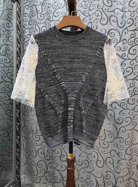 

2019 early autumn new women's round collar sleeve lace stitching 100-tie knitted jacket knitted sweater 802, White;black