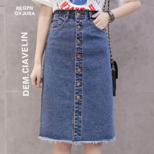 

2019 high waist fray hem with pocket knee length jeans skirt female button front midi denim skirt for women casual, Black