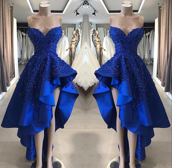 

royal blue amazong beaded hi low evening homecoming party dresses sweetheart satin ruffles open back graduation cocktail dress, Black;red