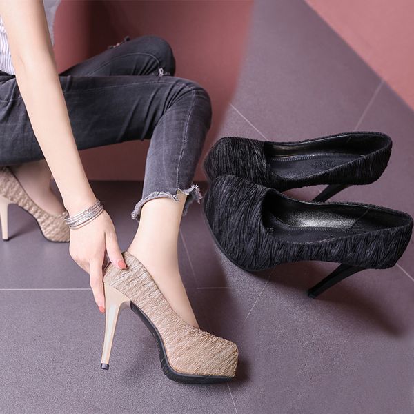 

muqgew fashion women's high heels shoes plus size one word buckle boots pointed head heel single shoes, Black
