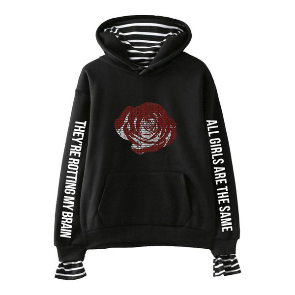 

juice wrld mens designer hoodies fashion fake 2pcs letter print stripe panelled mens hoodies casual males clothing, Black