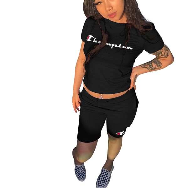 

champions letter print women tracksuit short sleeve t-shirt + short pants 2pc clothes set outfit summer shorts jogging suit b3043