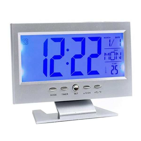 

office lcd display snooze function bedroom alarm clock rectangle shape electronic backlight home desk battery powered digital