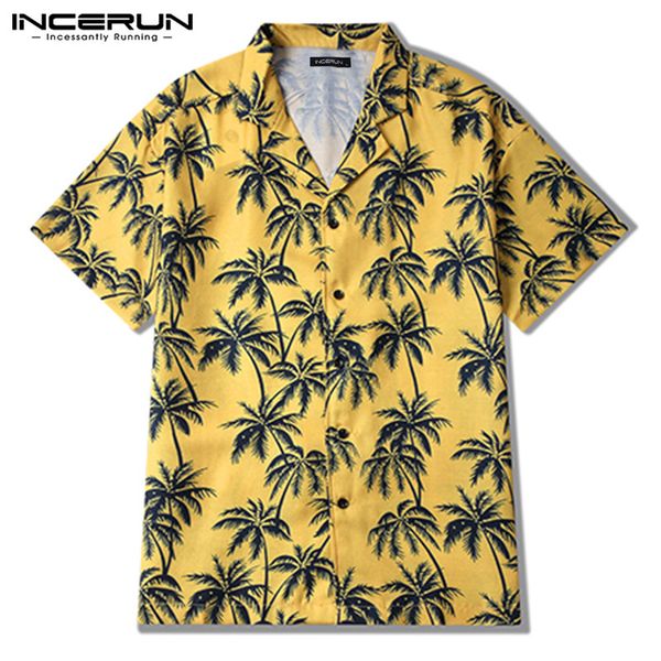 

incerun 2019 men hawaiian shirt print lapel neck short sleeve casual summer beach shirt men camisa masculina streetwear 5xl, White;black