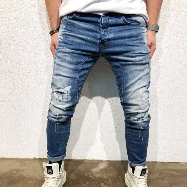 

new fashion 2018 men's hole jeans blue hip-hop slim men jean