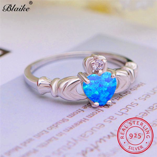 

real s925 sterling silver claddagh ring cute love heart crown rings for women wedding bands blue white fire opal ring jewelry cz, Golden;silver
