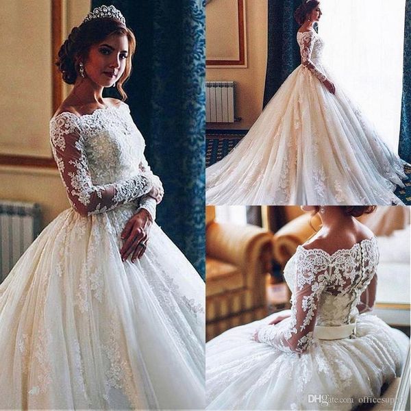 

charming elegant full lace wedding dresses bateau off shoulder long sleeves covered button applique bridal gowns plus size vestidos, White