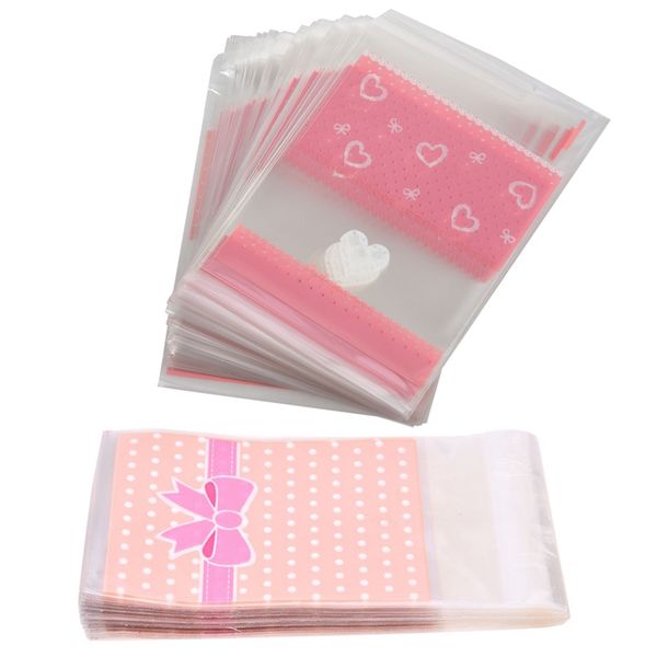 

100 x pink bow tie bag sachet biscuit candy bag plastic bowknot with 100 pcs opp self adhesive cookie bakery roasting treat plas