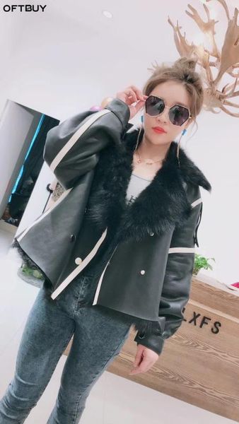 

oftbuy 2020 winter jacket women double-faced fur leather coat real sheep fur genuine sheepskin outwear thick warm streetwear, Black