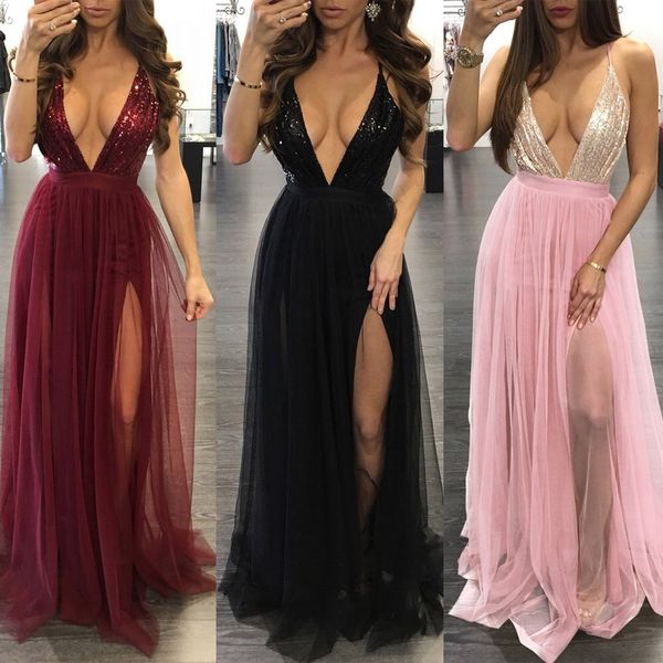

backless party evening dress with sequined splicing chiffon dress and deep v suspender black red, White;pink