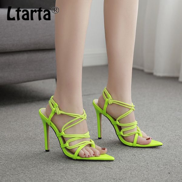 

ltarta 2020 summer fashion fine-heeled hollowed-out women's shoes clip toe tip elastic thin straps women's sandals cwf, Black