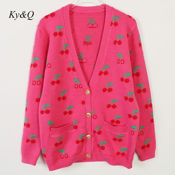 

2020 winter women new v-neck luxury little cherry embroidery long sleeve loose brand knit long sweater clothes tide, White