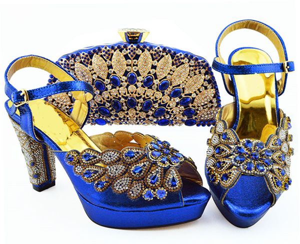 

Beautiful royal blue women pumps with big crystal and beads for dress african shoes match handbag set QSL008,heel 11.5CM