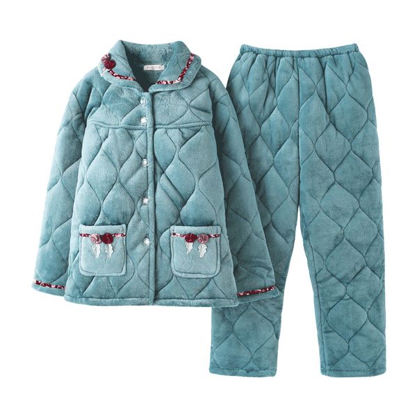 

winter quilted nightwear leisure home cloth woman long sleeve flannel warm pyjama thick sleepwear set pajamas sets for women, Blue;gray
