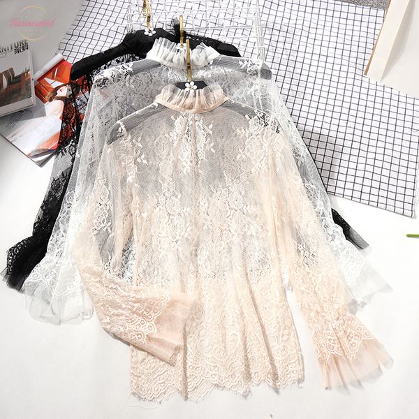 

white lace blouses women black tulle elegant fashion stand collar ruffles bottoming see through transparent embroidered top