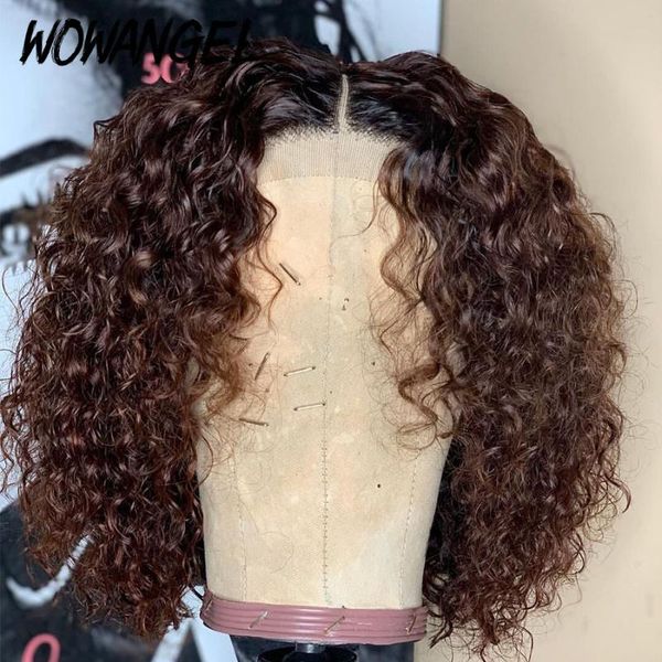 

wowangle honey ombre blond short bob curly wigs 150 with baby hair pre plucked remy brazilian 13x4 lace bob wigs bleached knots, Black;brown