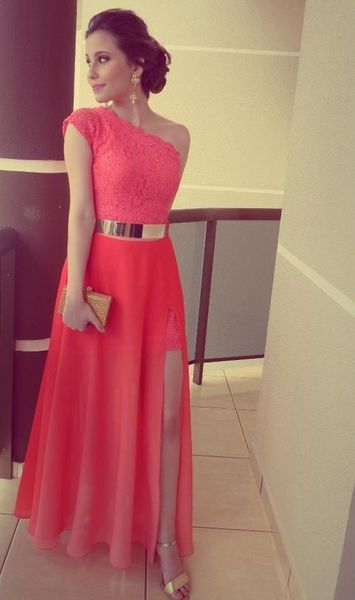 

2019 Новые платья Coral Color Vestidos Formales Бестселлер Кружева на одно плечо с разрезом Золотой пояс Формальные длинные вечерние платья 2018
