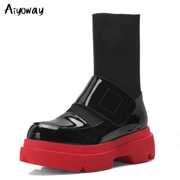 

genuine leather casual quality brand stretch boots new women mid-calf boots autumn winter slip on high heels shoes woman aiyoway, Black