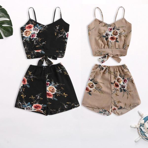 

sleepwear woman femme lingeries v floral neck cropped and elastic waisted trim shorts women clothes casual two piece set summer, Black;red