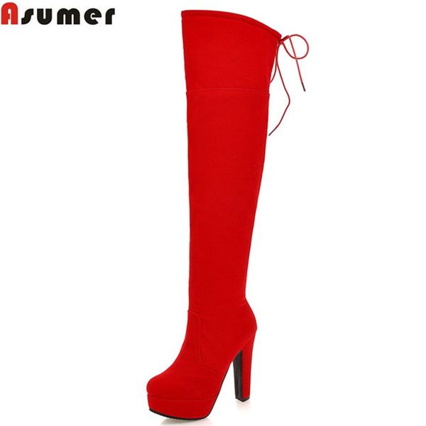 

asumer fashion ladies boots black red new arrive women boots simple flock zipper lace up over the knee platform super high