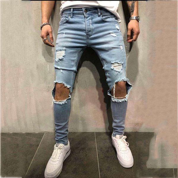 

hemiks slim fit men's skinny jeans pants broken holes tapered leg pantalones hombre streetwear 5-pockets pleated causal joggers, Blue