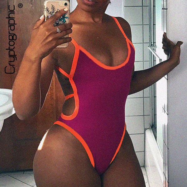 

cryptographic women's jumpsuits 2019 strap backless hollow out women bodysuits fashion color blocking slim female clothes, Black;white