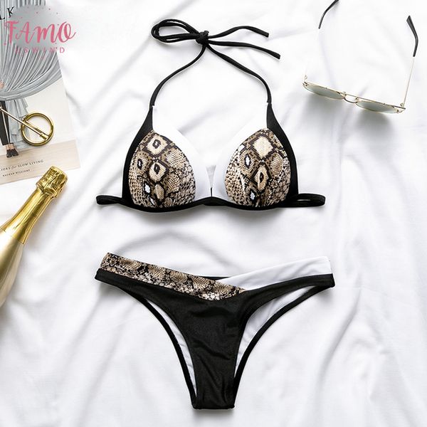 

snake print two pieces women bikibi set halter triangle padded plus size swimsuit summer beach animal wear bathing suit, White;black
