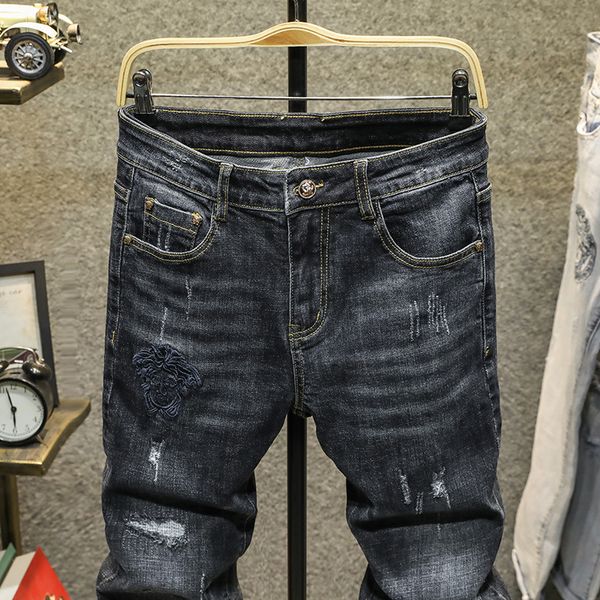 

mens designer big dusha jeans dark embroidery polished cotton pants, Blue