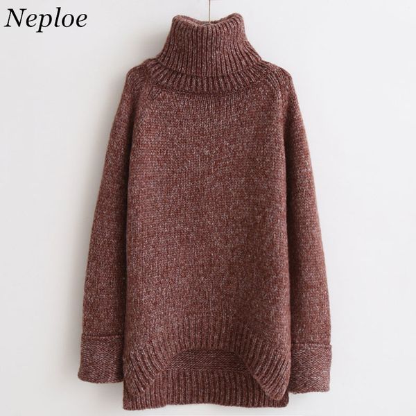 

neploe 2019 autumn winter korean long sweater women turtleneck loose pullover knit sweater solid wild fashion female 65885, White;black