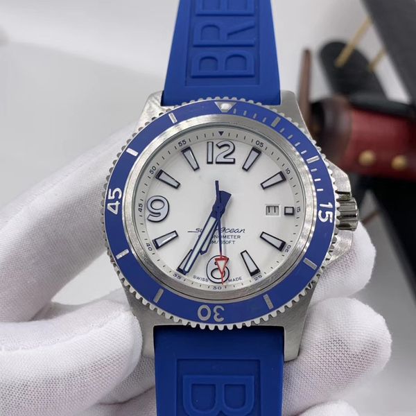 

1884 super-ocean 46 white dial stainless steel rotating blue bezel mens watch automatic mechanical classic rubber band watch wristwatches, Slivery;brown
